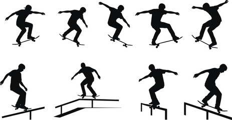 Vector silhouette of skateboarder performing tricks, jumps, grinds on rails and ramps, showing extreme sports, urban lifestyle, and youth culture