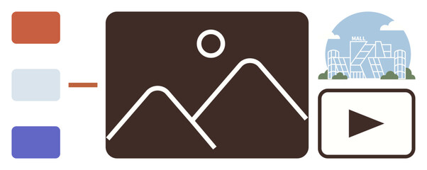 Mountains inside a frame, color palette, futuristic building outline, play button. Ideal for content creation, digital media, architecture, multimedia design, entertainment branding simple flat