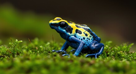Fototapeta premium Blue poison dart frog on mossy ground