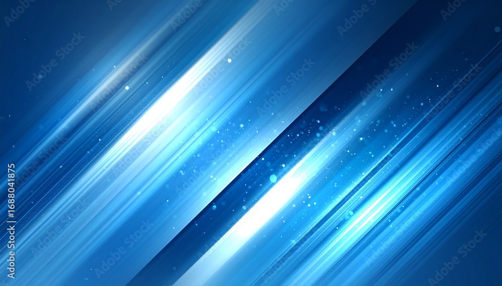 Poster dynamic diagonal streaks of light in metallic blue and white with subtle bokeh, abstract motion back