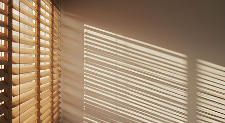 Golden hour sunlight streaming through wooden blinds creates a peaceful ambiance and illuminates the interior with warm
