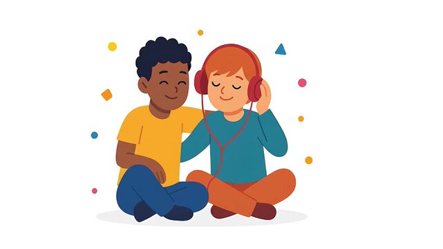 Diverse Young Boys Sharing Music and Friendship with Headphones.