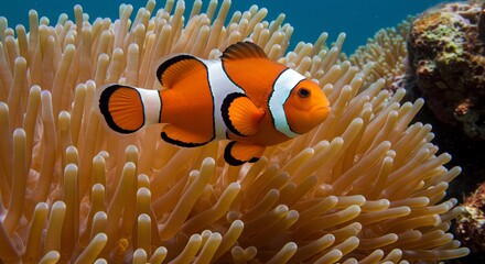 Clownfish swimming among anemone tentacles
