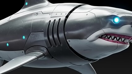 Futuristic robotic shark design with glowing blue eyes and metallic features, showcasing innovation