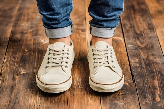 Cream Canvas Sneakers with Rolled Jeans on Wooden Floor