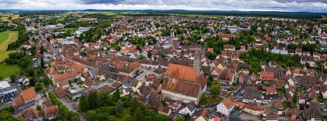 An aerial panorama view above the old town of the city Langenzenn on a cloudy summer day in Bavaria, Germany