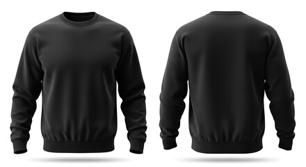 A full shot, front and back views, of a plain black sweatshirt, presented on a white background.