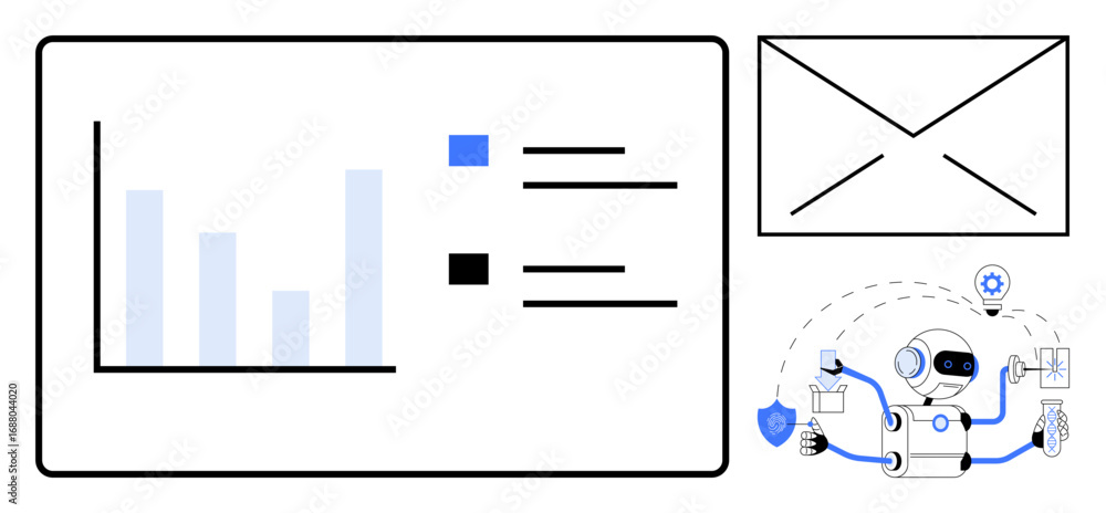 Aufkleber robot analyzing email campaigns with statistics and charts. automation, efficiency, data insight, ai