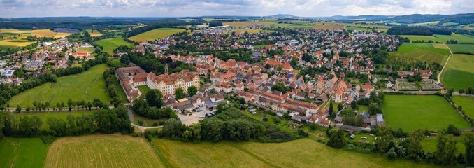 An aerial panorama view above the old town of the city Ellingen on a sunny summer day in Bavaria, Germany