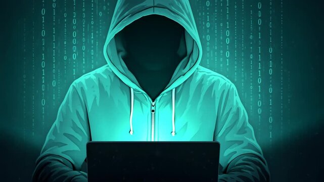 Mysterious hooded figure at a laptop, surrounded by binary code. Front angle creates an enigmatic, tech-focused video atmosphere. Live desktop wallpaper.