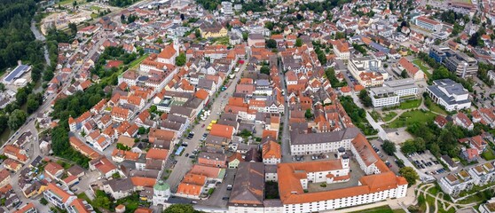 An aerial panorama view above the old town of the city Günzburg on a sunny summer day in Bavaria, Germany