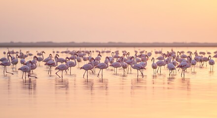 Flamingos standing in shallow water at sunset