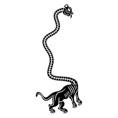 Fantastic beast with long undulating wavy neck. Ancient Egyptian animal design. Black and white silhouette.