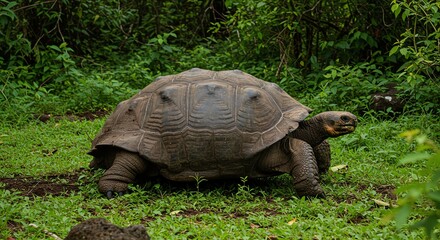 Obraz premium Galapagos tortoise in lush green habitat