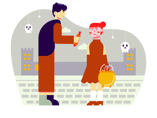 People celebrating halloween night. Trick or treat vector illustrations. Flat vector illustrations packs.