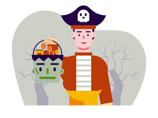 Male in halloween costume and holding candy. Trick or treat vector illustrations. Flat vector illustrations packs.