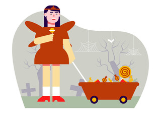 Girl in halloween costume. Trick or treat vector illustrations. Flat vector illustrations packs.