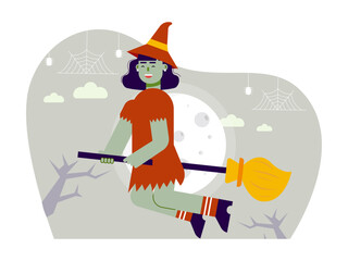 Witch riding broom. Trick or treat vector illustrations. Flat vector illustrations packs.