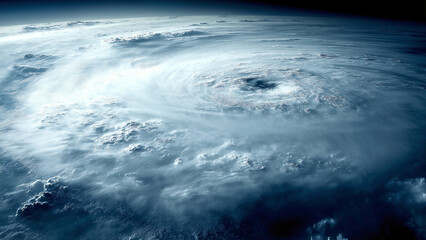 Fototapeta premium Summer Massive Typhoon Eye and Swirling Clouds Bringing Fear, Chaos, and Destruction Seen from Space 