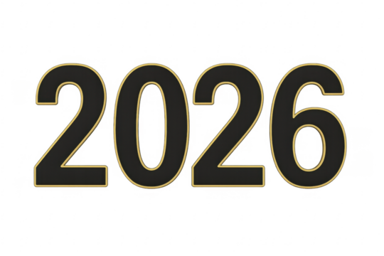 2026 bold black numbers with gold outline on transparent background