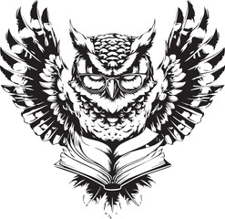 Fototapeta premium Wise Owl with book : This detailed, black and white illustration depicts a scholarly owl with glasses, engrossed in an open book, wings spread wide symbolizing knowledge, wisdom.