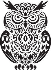 Owl Illustration: A detailed illustration of an owl, the majestic symbol of wisdom, artfully rendered in striking black and white. Featuring elaborate patterns and intricate designs.