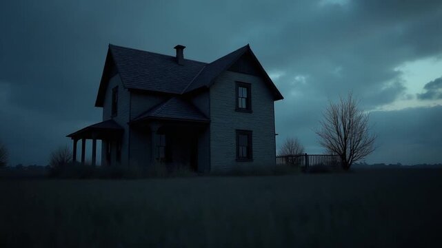 CGI Dark and abandoned countryside house during twilight hours