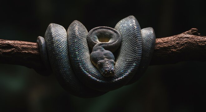 Green python coiled around tree branch