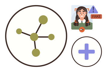 Green network diagram, facial recognition with fake alert, and purple cross icon. Ideal for technology, AI, digital identity, deepfake detection, data security connectivity analysis. Simple flat