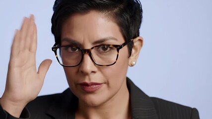 Latina Woman Adjusting Glasses with Tortoiseshell Frames on Light Blue Background Giving Presentation in Dark Jacket and Pearl Earrings for Formal Corporate Usage Setting 190 Characters