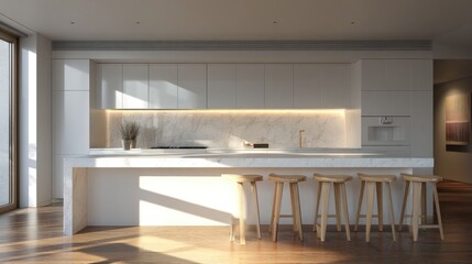 modern minimalist kitchen, white matte finishes, oak stools, warm sunlight streaming in, realistic architecture photo 