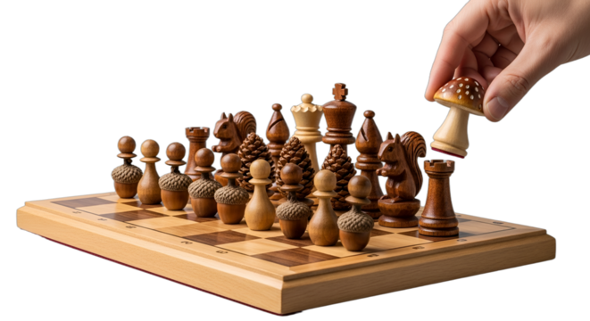 Hand places unique mushroom chess piece on wooden board, perfect for strategy games, intelligent leisure, artisanal gifts, and family game nights, isolated on white & transparent background.