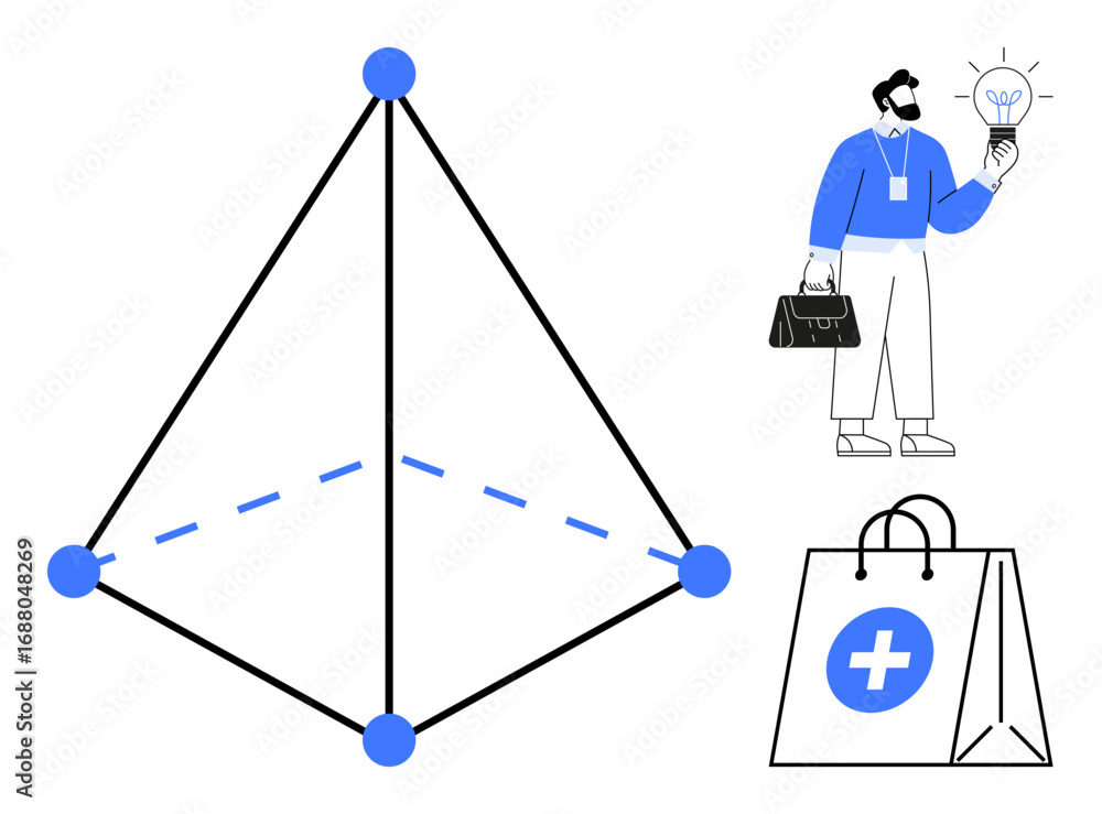 Poster triangle-based geometric structure with connected nodes, a professional holding an idea lightbulb, a