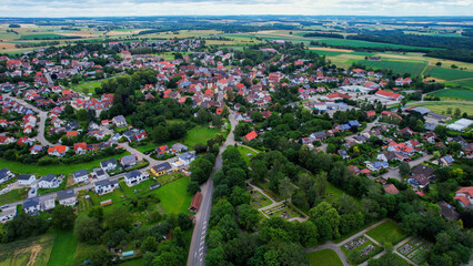 An aerial panorama view above the downtown in the city Gerabronn during a sunny summer day in Bavaria, Germany