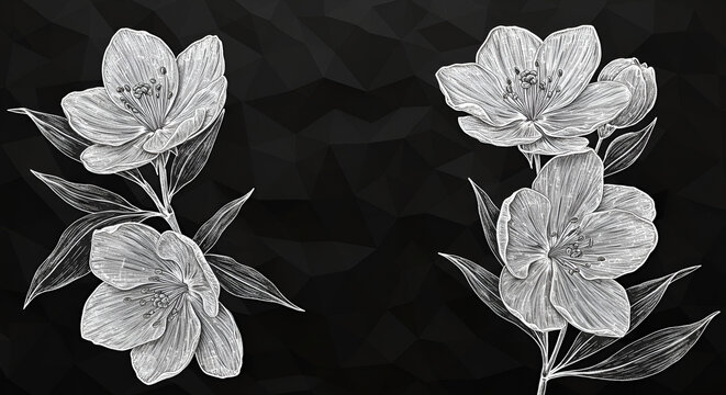 Whispers of spring Delicate white flowers blooming against a dark geometric background a study in contrast and quiet - Powered by Adobe