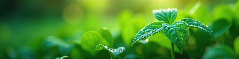 Lush Green Leaves Glistening with Morning Dew Vibrant Nature Photography