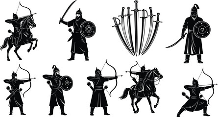 Medieval warriors and archers with swords and shields, horsemen, ancient battle scenes, historic weapons, silhouette vector illustrations