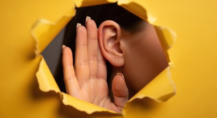 Eavesdropping: Woman's Ear Through Torn Yellow Paper, Listening Closely