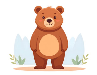 Cartoon illustration of a cute brown bear standing upright with a smiling face and light blue background shapes.