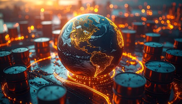 A powerful visual representation of global connectivity, technology, and energy. The glowing Earth amidst glowing circuits and oil barrels symbolizes the interconnection of economies, data,