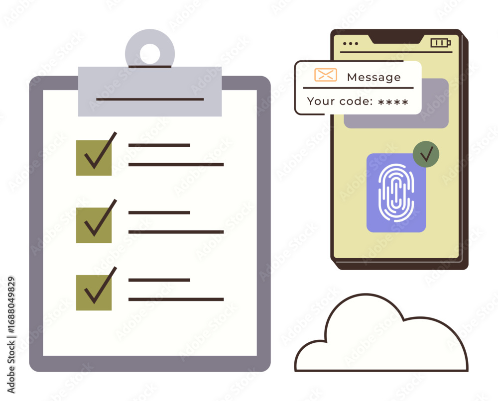 Poster mobile device displaying fingerprint scanner and code message with validated checklist and cloud ico