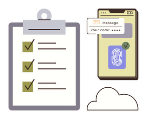 Mobile device displaying fingerprint scanner and code message with validated checklist and cloud icon. Ideal for security, authentication, data management, task planning, technology, organization
