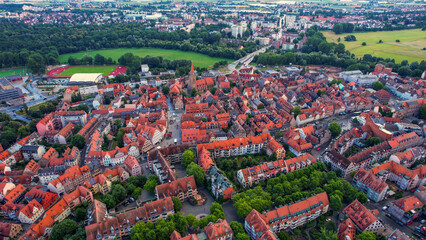 Aerial panorama view of the old town in the city Fürth in Germany on a cloudy day in spring
