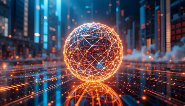 Futuristic Hologram Background with Glowing Wireframe Sphere - Powered by Adobe