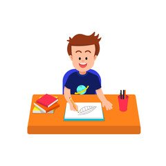 A boy draws a leaf in his sketchbook at a desk