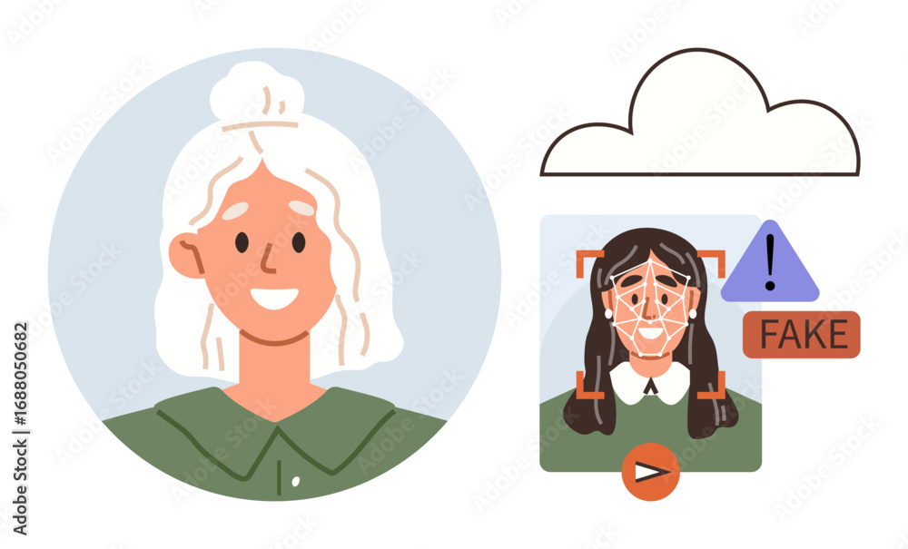 Poster womans face in digital interface for biometric scan, deepfake detection with alert sign, cloud icon.