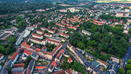Naklejka premium Aerial panorama view of the old town in the city Fürth in Germany on a cloudy day in spring