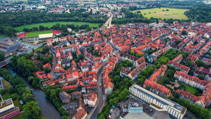 Aerial panorama view of the old town in the city Fürth in Germany on a cloudy day in spring