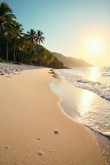 Golden hour sunlight bathes a pristine beach, highlighting the fine, white sand and gentle waves lapping the shore  Perfect for travel, vacation, and summer themes , clouds, waves
