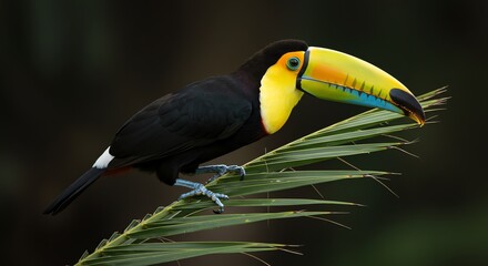 Fototapeta premium Toucan bird perched on green palm leaves